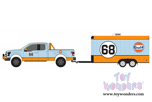 Greenlight - Hitch & Tow Series 7 - 2015 Ford F-150 Gulf Oil #68 and enclosed car hauler (1/64 scale diecast model car, Blue/Orange) 32070B/48